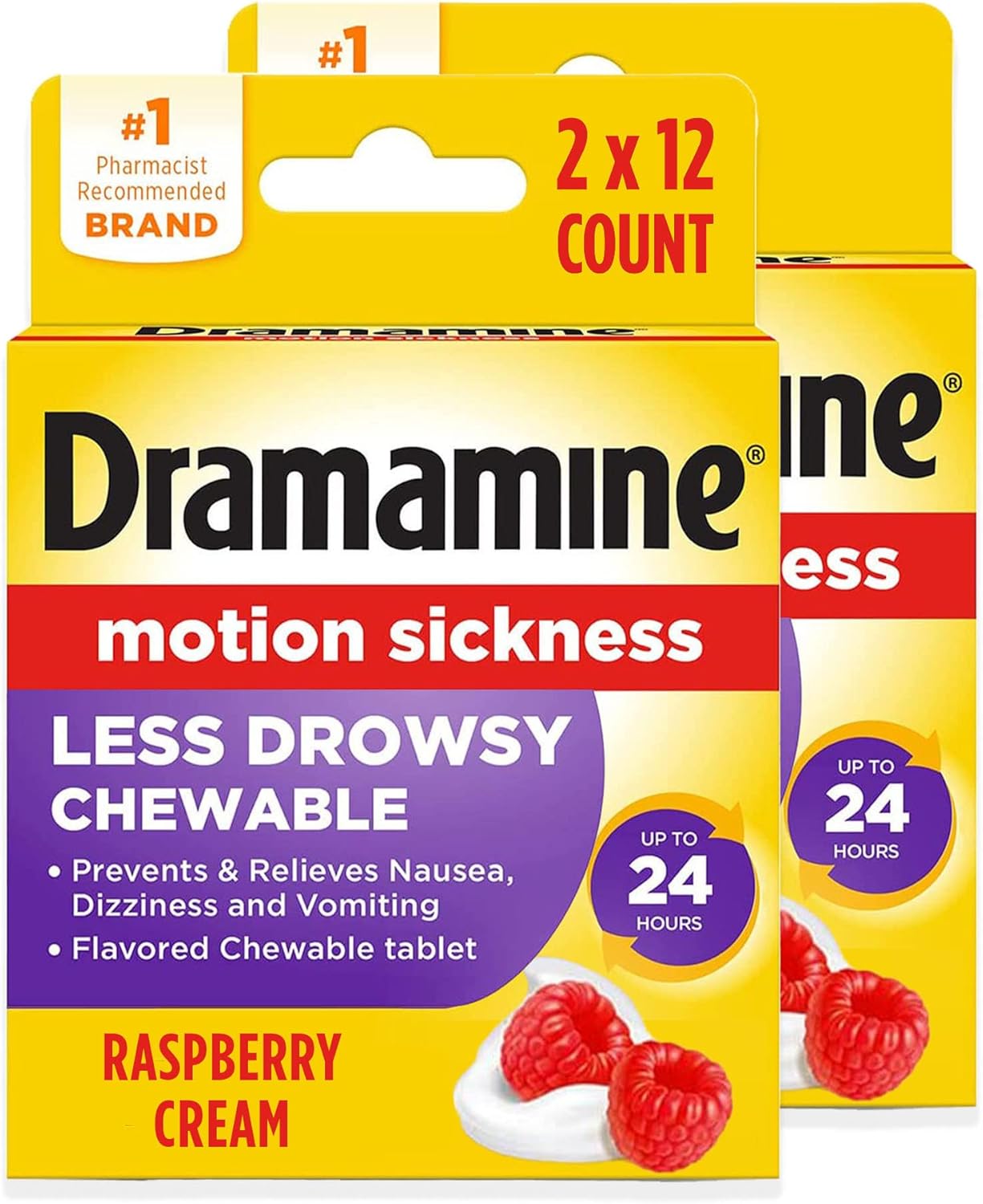 Dramamine Chewable Less Drowsy Motion Sickness Relief – Raspberry Cream Flavor – 12 Count, 2 Pack