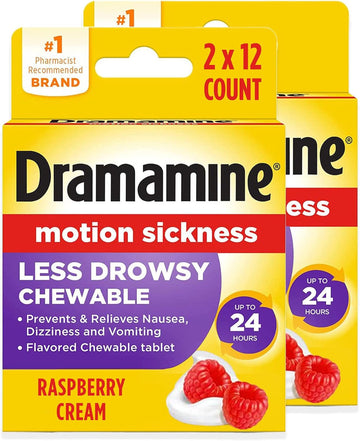 Dramamine Chewable Less Drowsy, Motion Sickness Relief, Raspberry Cream Flavor, 12 Count, 2 Pack