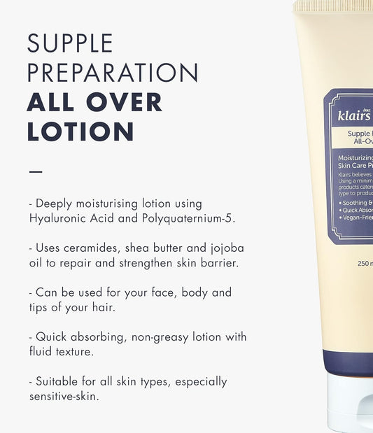 Dearklairs Supple Preparation All-Over Lotion, Daily Face And Body Moisturizer, For Sensitive Skin, Essential Oil Free, Artificial Fragrance Free,250Ml, 8.45Oz