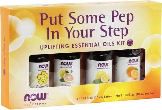 Now Essential Oils, Put Some Pep In Your Step Uplifting Aromatherapy Kit, 4X10Ml Including Orange Oil, Lemon Oil, Grapefruit Oil And Cheer Up Buttercup! Oil Blend With Child Resistant Caps