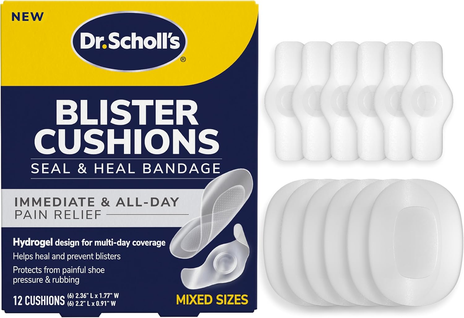 Dr. Scholl’S Blister Cushions Seal & Heal Bandage For Feet, Toes, Heels & Hands, 12 Ct - Blister Prevention Pads, Hydrogel Technology Protects From Painful Shoe Pressure & Rubbing, Water-Resistant