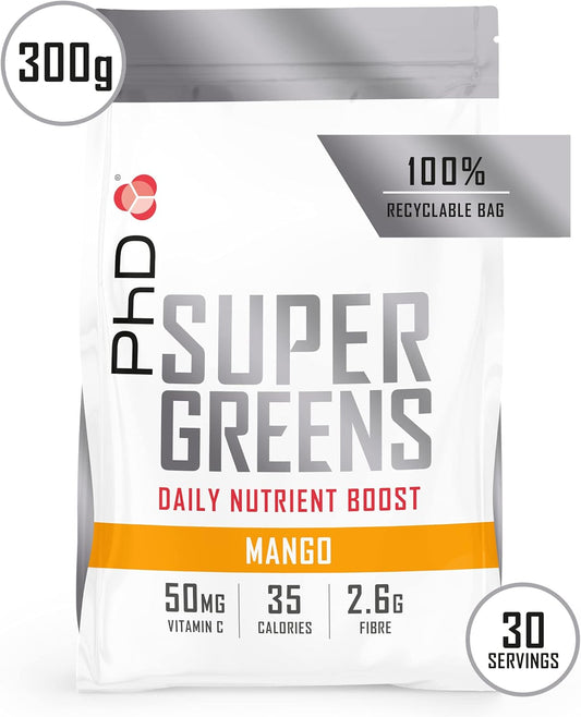 PhD Nutrition Super Greens Powder, Mango Flavour, High Fibre Low Sugar, Blend of 18 Nutrient Rich Fruits and Vegetables, 300 g : Amazon.co.uk: Health & Personal Care