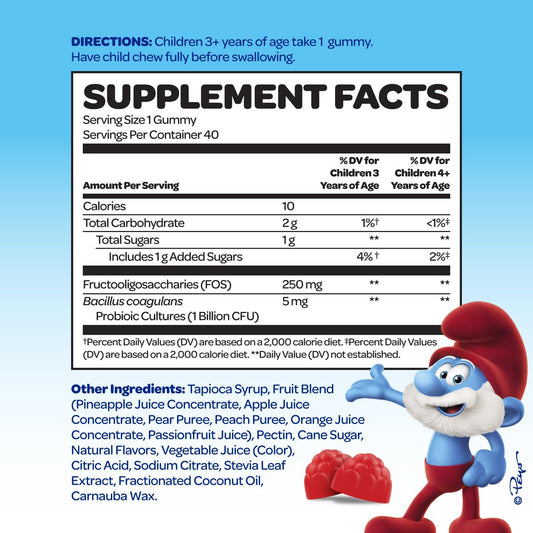 Smurfs Pre And Probiotics For Kids Gummies | Kids Probiotics Gummies For Digestion And Immunity | Made With Real Fruit | Doctor Developed | Non-Gmo And No Artificial Flavors Or Colors | 40 Gummies