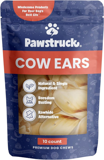 Pawstruck Natural Jumbo Cow Ears for Dogs - Healthy Rawhide Free, Highly Digestible Low Calorie & Long Lasting Dental Chew Treat for Small, Medium, Large Chewers - Pack of 10 - Packaging May Vary