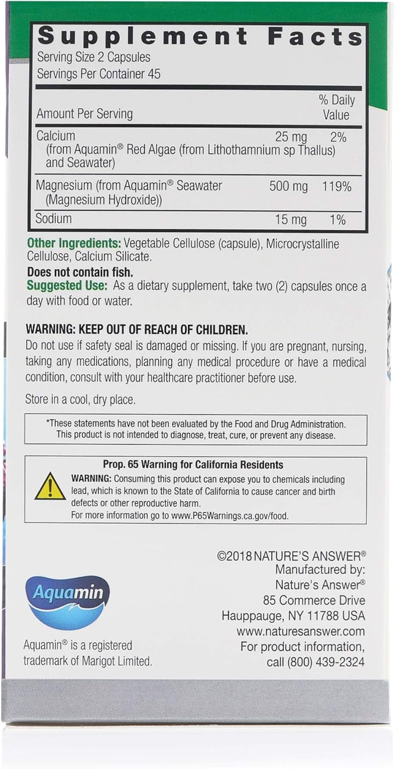 Nature's Answer Marine Based Magnesium, Super Concentrated 500mg | Plant Based | Red Algae & Seawater Derived | Alcohol-Free & Gluten-Free | Vegetarian Capsules 90ct