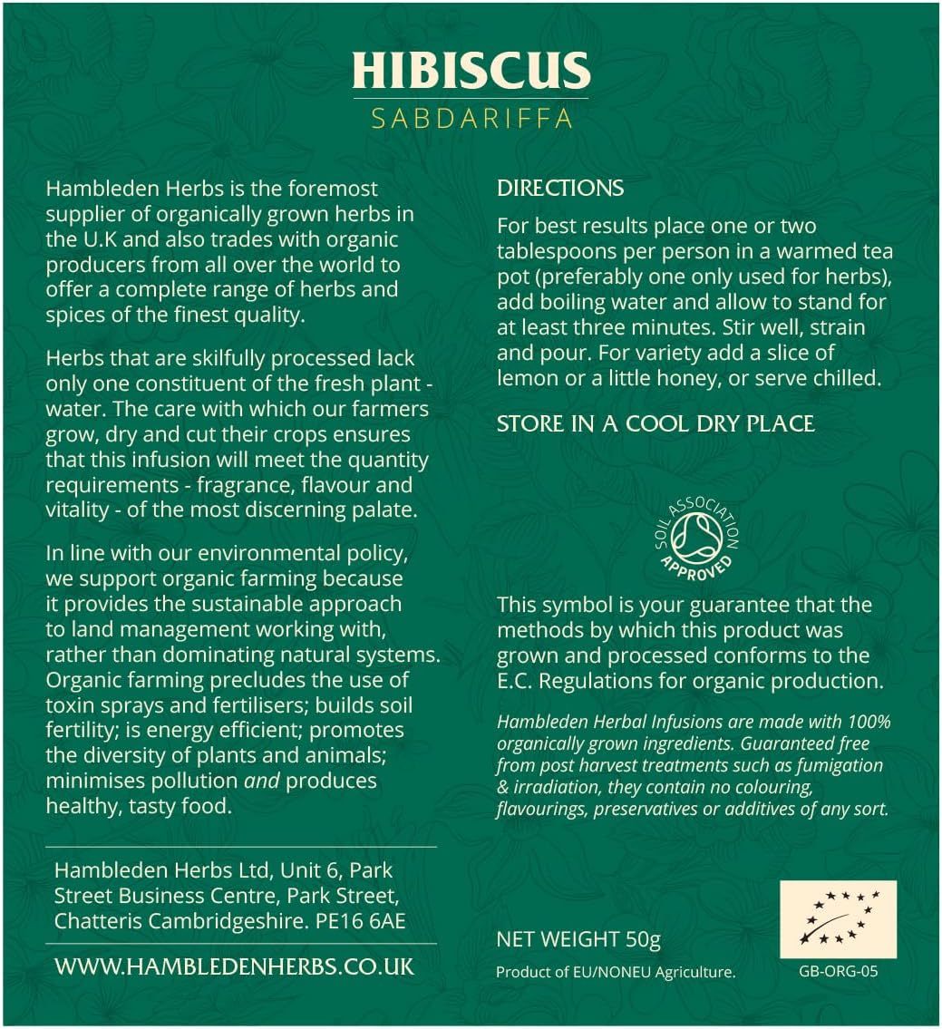 Hambleden Herbs Organic Hibiscus Loose Leaf Infusion 50g (6 x 50g Pouches) : Amazon.co.uk: Grocery