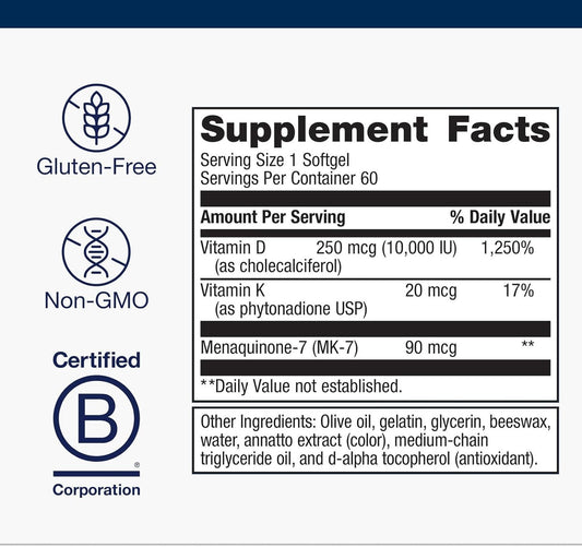 Metagenics Vitamin D3 + K - For Immune Support, Bone Health & Heart Health* - Vitamin D With Mk-7 (Vitamin K2) - Non-Gmo - Gluten-Free - 60 Softgels - 10,000 Iu