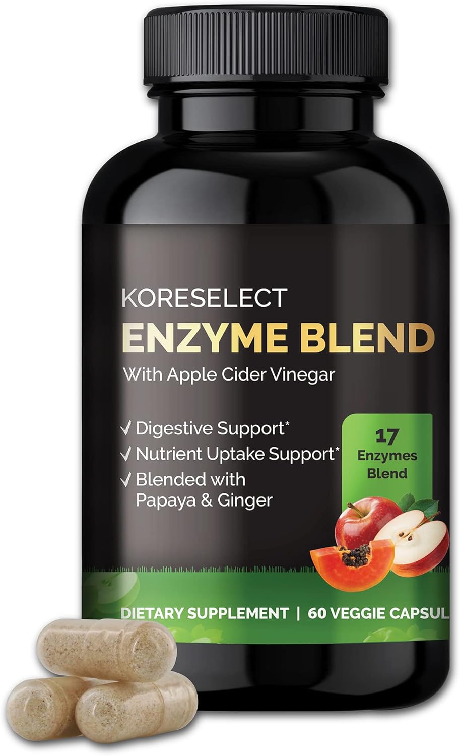 17 Enzyme Blend for Digestive Gut Health Support Supplement, Immune Support, Bloating & Gas Relief, Nutrient Absorption, with Apple Cider Vinegar, Ginger, Papaya - 60 Capsules