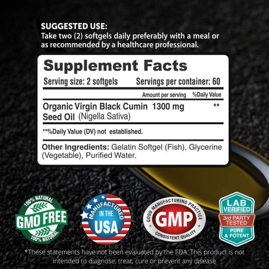 Fresh Healthcare Black Seed Oil Capsules Cold Pressed 1300Mg - 100% Pure Non-Gmo Nigella Sativa - Immune & Joint Support - Premium Softgel Supplement