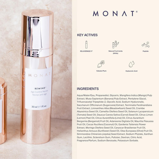 Monat Rewind Age Control Nectar - Fast Absorbing Hydrating Serum. Skin Perfecting Natural Aha. Correcting & Transforming Face Serum, Anti Aging Face Cream W/Hyaluronic Acid - Net Wt 30 Ml / 1 Fl. Oz