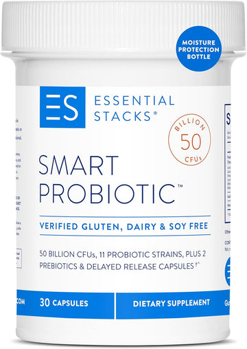 Essential Stacks Smart Probiotic - 50 Billion Cfus, 11 Probiotic Strains, 2 Prebiotics, Delayed Release Capsules - A Daily Probiotic Prebiotic For Women & Men (30 Capsules)