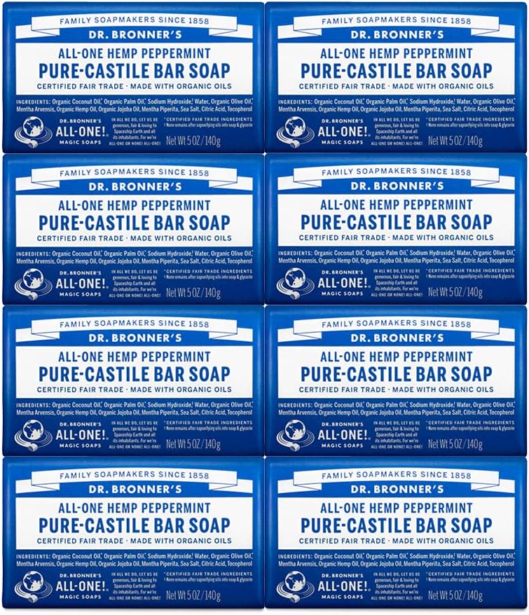 Dr. Bronner's - Pure-Castile Bar Soap (Peppermint, 5 ounce, 8-Pack) - Made with Organic Oils, For Face, Body and Hair, Gentle and Moisturizing, Biodegradable, Vegan, Cruelty-free, Non-GMO