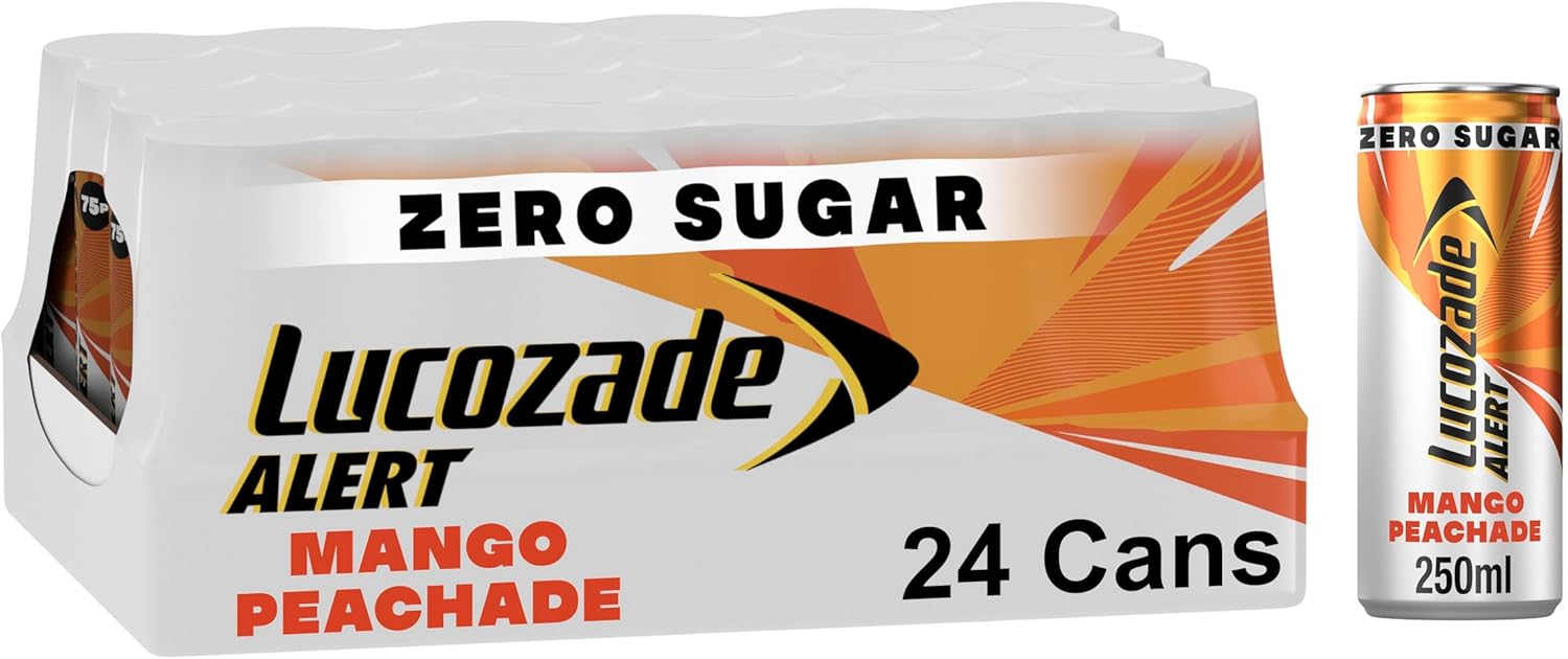 Lucozade Alert Energy Drink Zero Sugar Mango Peachade 250Ml (Pack Of 24)