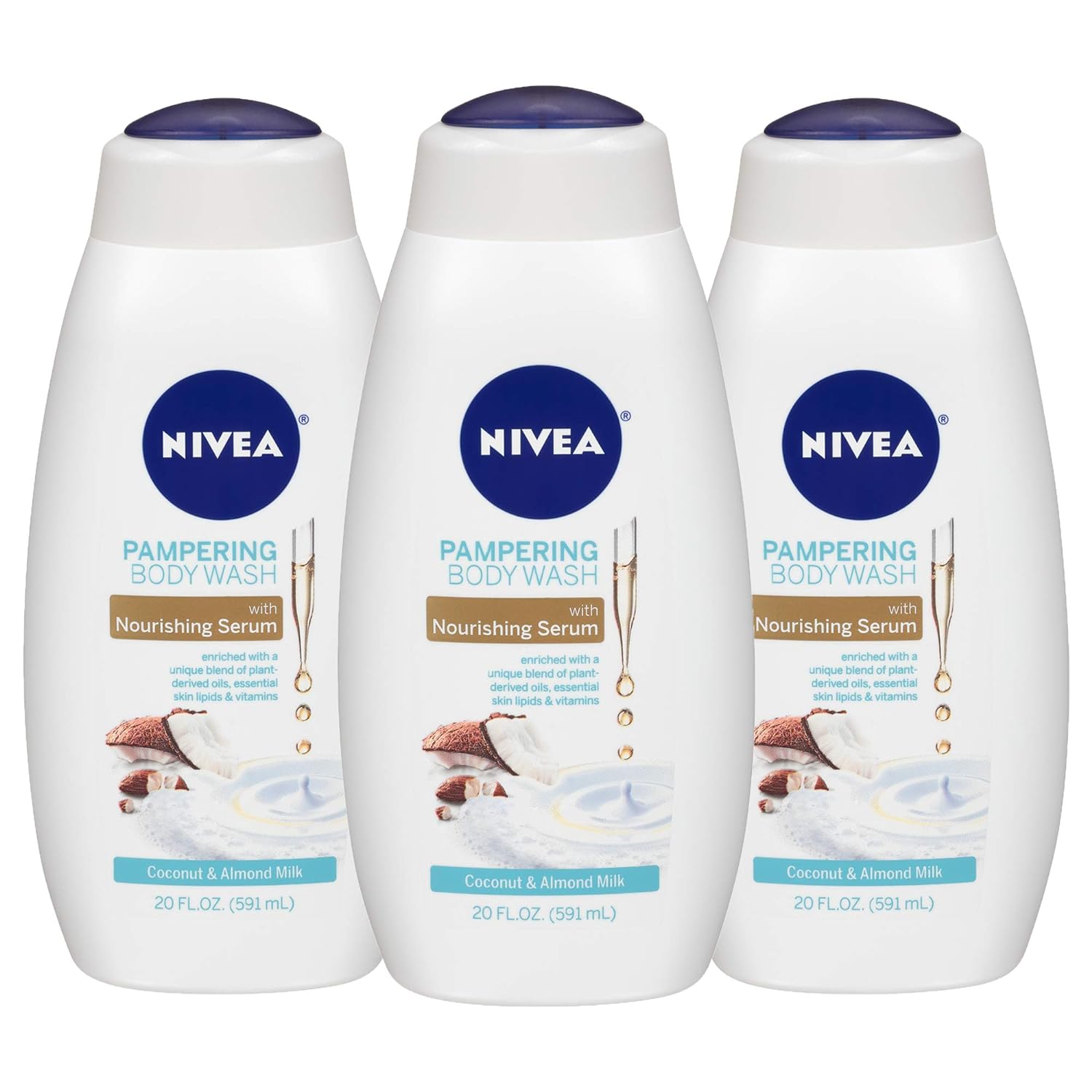 NIVEA Coconut and Almond Milk Body Wash with Nourishing Serum, Pack of 3, 20 Fl Oz Bottle