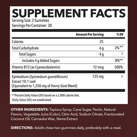 Horny Goat Weed Gummies With Vitamin B12 - Energy, Endurance & Performance Support For Men And Women - Enhanced With B12 Vitamins For Mood & Male Health Support - 60 Raspberry Vegan Gummies