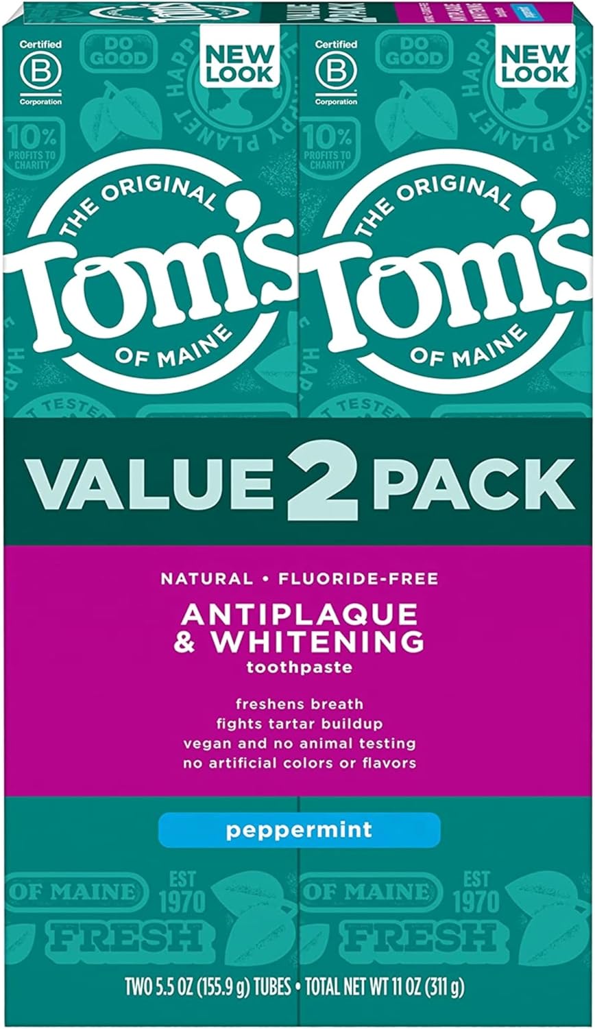 Tom's of Maine Fluoride-Free Antiplaque & Whitening Natural Toothpaste, Peppermint, 5.5 oz. 2-Pack