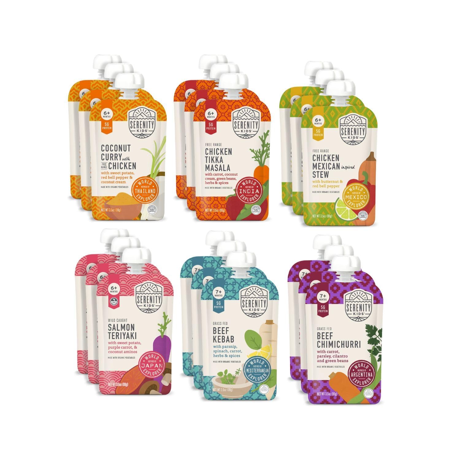 Serenity Kids 7+ Months World Explorers Baby Food Pouches Puree Made With Ethically Sourced Meats & Organic Veggies | 3.5 Ounce Bpa-Free Pouch | World Explorers Variety Pack | 18 Count