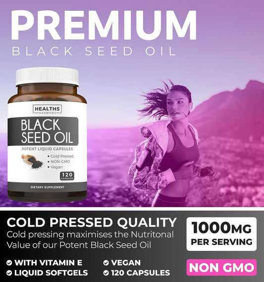 Black Seed Oil - 120 Softgel Capsules Skin Health (Non-GMO & Vegan) Cold-Pressed Nigella Sativa Producing Pure Black Cumin Seed Oil with Vitamin E - 500mg Each, 1000mg Per 2 Capsule Serving