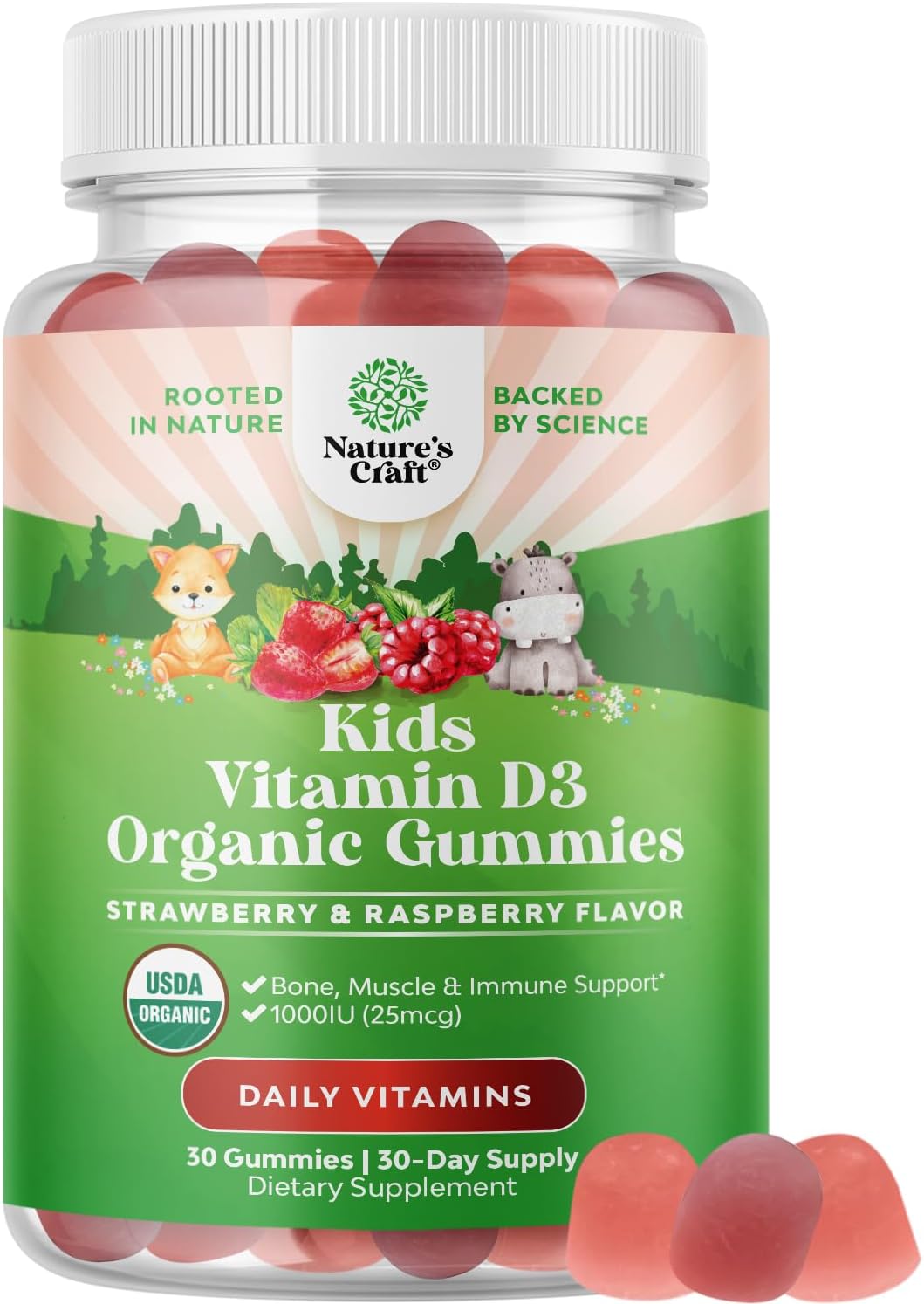 Organic Vitamin D Gummies for Kids - Vegan Kids Immunity Support Gummies with Vitamin D for Kids Daily Teeth Muscle & Bone Support - Organic Vitamin D3 Gummies Non GMO & Gluten Free - 1 Month