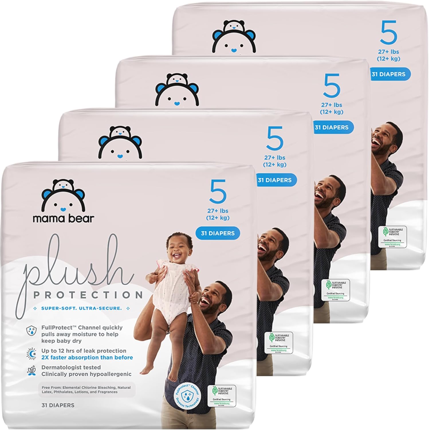 Amazon Brand - Mama Bear Plush Protection Diapers, Hypoallergenic, Size 5, 124 Count (4 Packs Of 31), White And Cloud Dreams