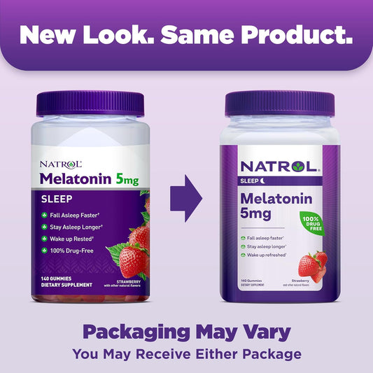 Natrol 5Mg Melatonin Gummies, Sleep Support For Adults, Melatonin Supplements For Sleeping, 140 Strawberry-Flavored Gummies, 70 Day Supply