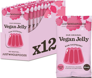 Just Wholefoods Vegan Jelly 12 X 85G | Gluten Free, Quick Set, Gelatine Free | Free From Artificial Colours And Flavouring | Makes 12 Pints Of Jelly (Raspberry)