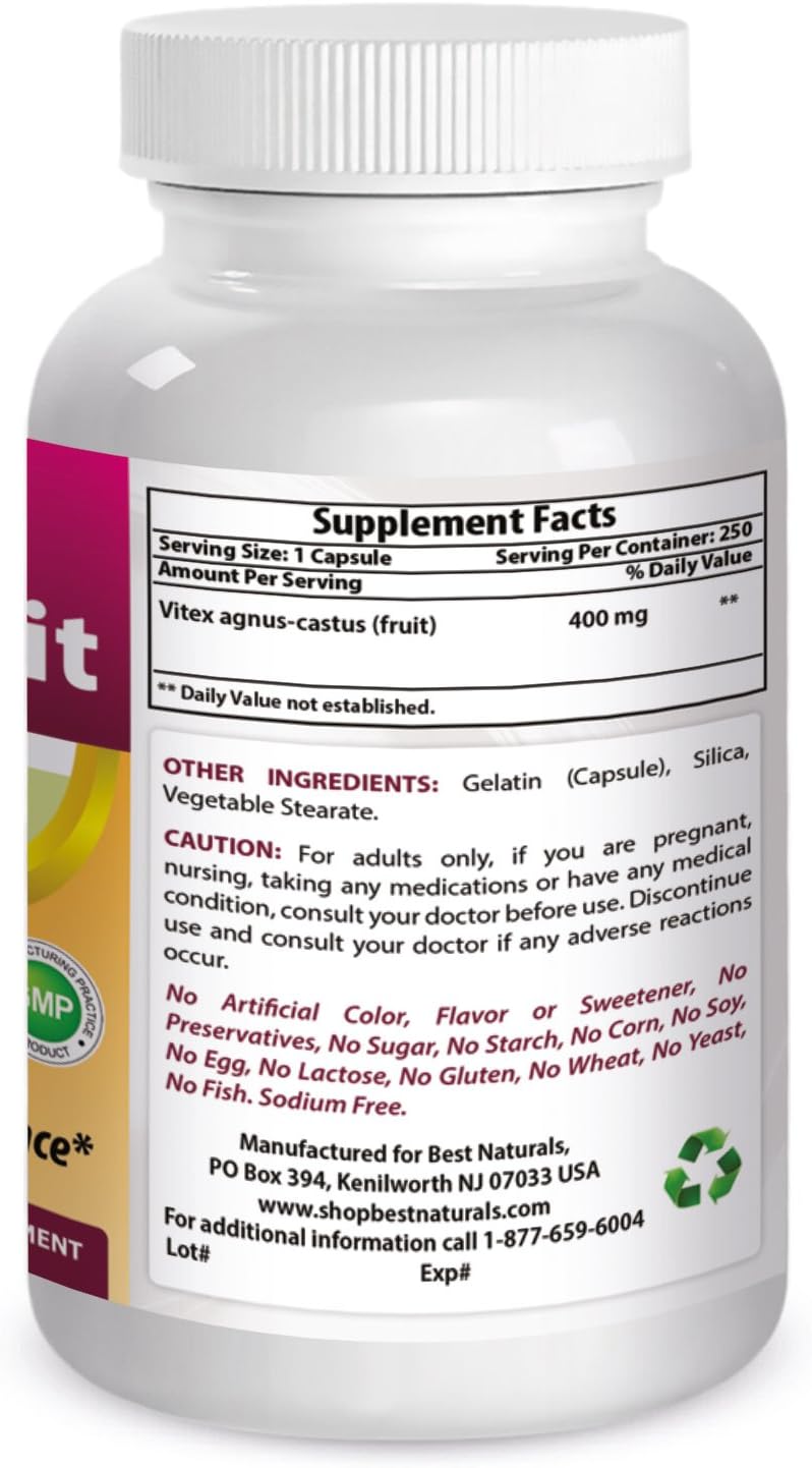 Best Naturals Vitex Chasteberry 400 Mg 250 Capsules : Health & Household