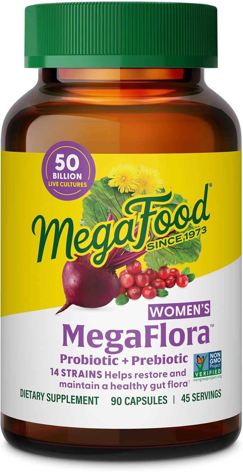 Megafood Megaflora Probiotics For Women + Prebiotics And Probiotics With 14 Strains & 50 Billion Cfus, With Cranberry For Women Digestive Health, Vegetarian - 60 Capsules (30 Servings)