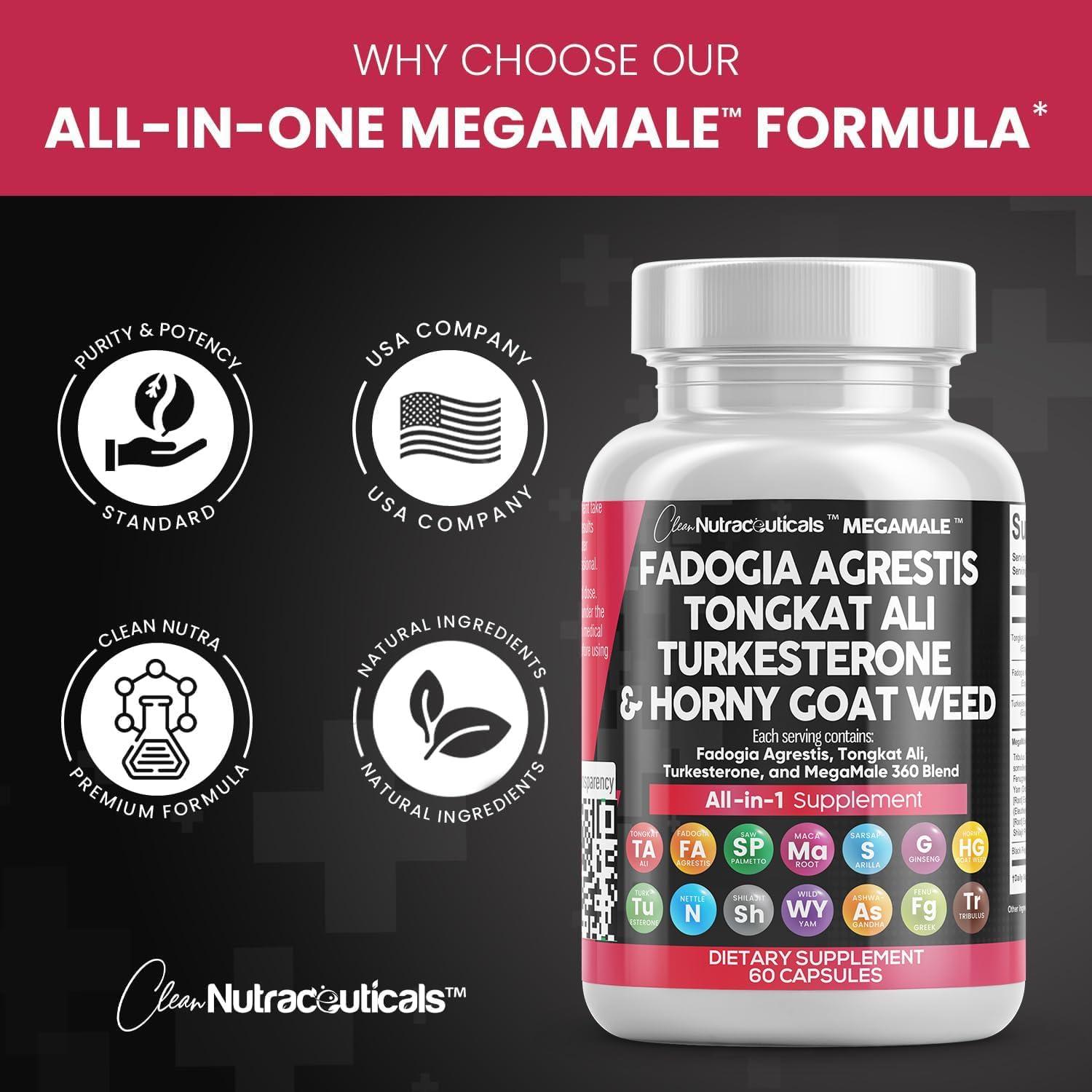 Fadogia Agrestis 5000mg Tongkat Ali 25000mg Turkesterone 5000mg Supplement with Horny Goat Weed, Saw Palmetto, Maca Root, Siberian Ginseng, Tribulus Terrestris, Fenugreek, Wild Yam - 60 Count : Health & Household