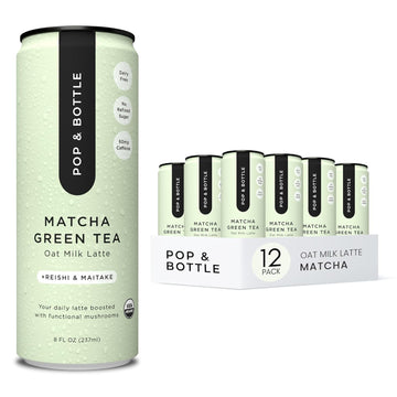 Pop & Bottle, Oat Milk Lattes - Matcha With Reishi And Maitake Mushrooms, Green Tea Latte, Mct Oil, Organic, Dairy Free, Gluten Free, Lightly Sweetened With Dates - Matcha, 8 Fl Oz (12 Pack)