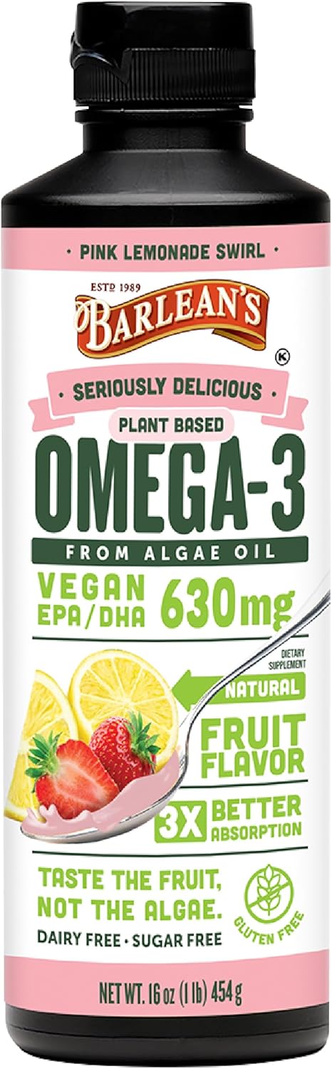 Barlean's Pink Lemonade Vegan Omega 3 Supplement, Liquid Algae Oil with 630 mg EPA & DHA, Plant Based Omegas from Algal Oil, Non-GMO & Gluten Free, 16 oz