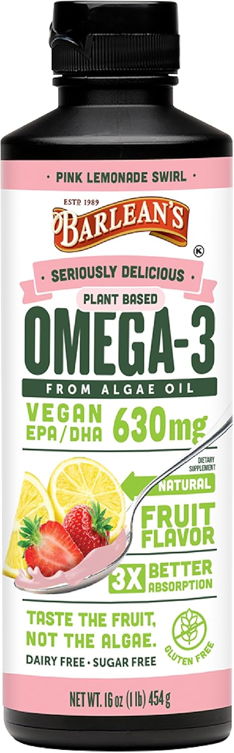 Barlean'S Pink Lemonade Vegan Omega 3 Supplement, Liquid Algae Oil With 630 Mg Epa & Dha, Plant Based Omegas From Algal Oil, Non-Gmo & Gluten Free, 16 Oz
