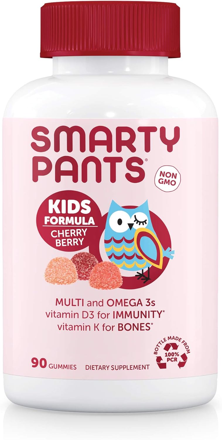 SmartyPants Kids Multivitamin Gummies: Omega 3 Fish Oil (EPA/DHA), Vitamin D3, C, Vitamin B12, B6, Vitamin A, K & Zinc for Immune Support, Grape, Cherry & Berry Flavors, 90 Count (22 Day Supply)