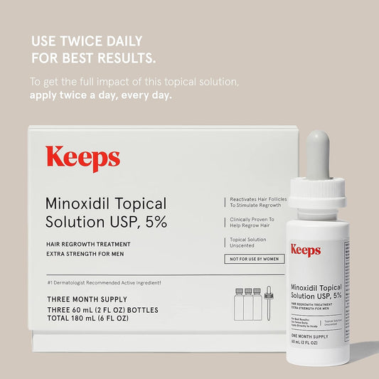 Keeps Extra Strength Minoxidil for Men Topical Hair Growth Serum, 5% Solution Hair Loss Treatment - 3 Month Supply (3 x 2oz Bottles with Dropper) - Slows Hair Loss & Promotes Thicker Hair Regrowth