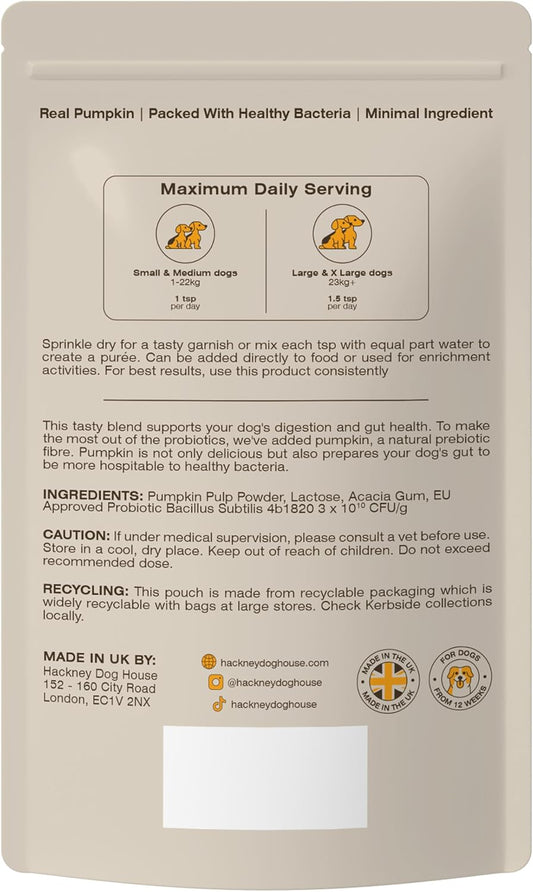 Probiotics & Pumpkin For Dogs | Real Pumpkin Purée Powder + Pre & Probiotic Blend | Dog Probiotics For Gut Health | 225 Grams | 45 Daily Servings