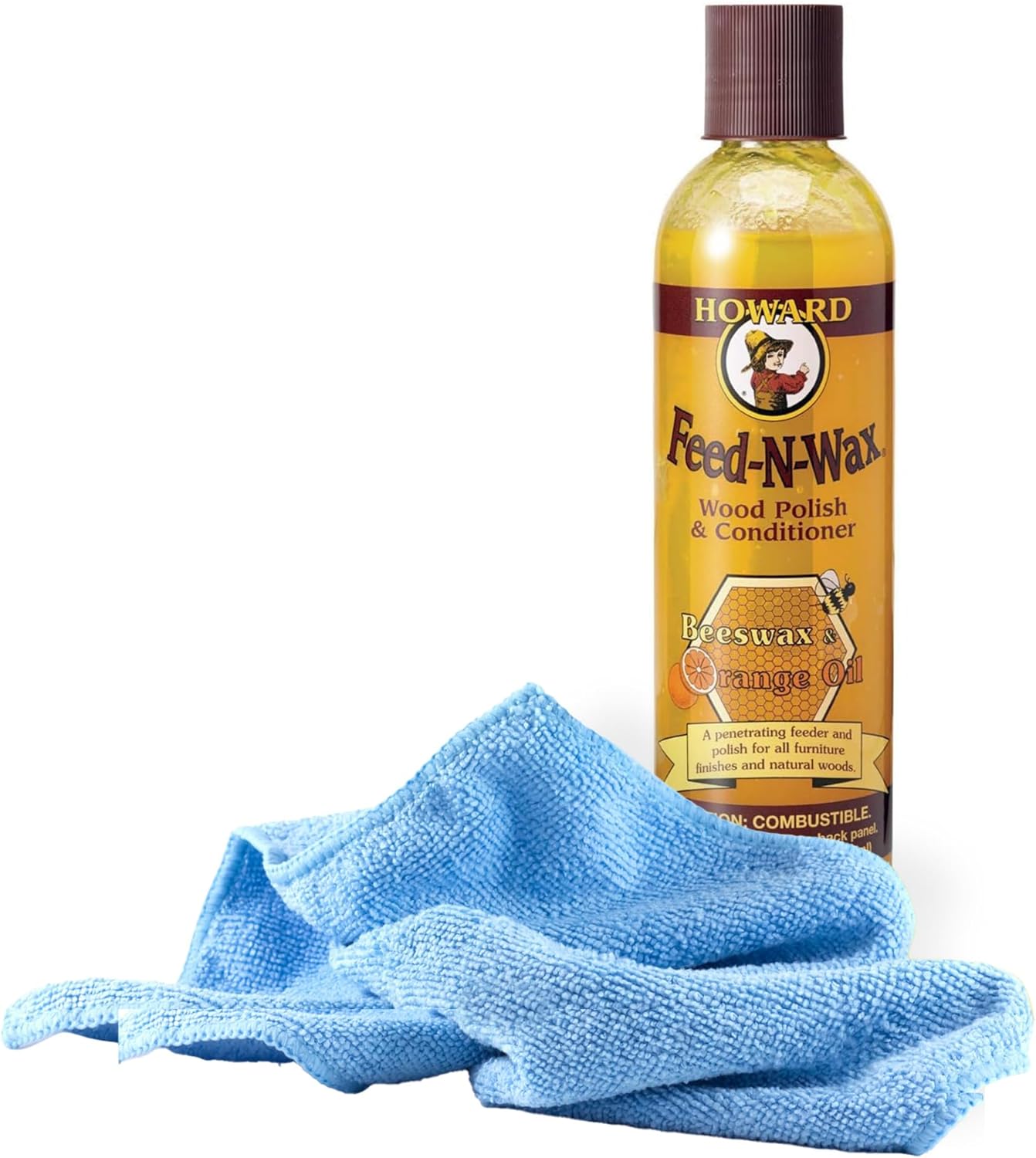 Black Swan Distributors - Howard Feed-N-Wax Wood Polish & Conditioner (8 oz) & Non-Abrasive, Washable Microfiber Cleaning Cloth (15x15 in) - Beeswax & Orange Oil - For All Furniture Finishes