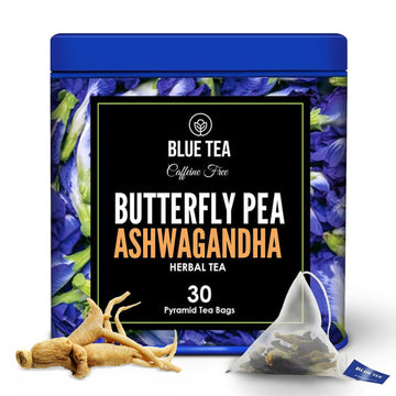 Blue Tea - Blue Flower Ashwagandha Tea Bags - 30 Pyramid Tea Bags Used In Food, Iced Tea, Cooler, Mocktails | Eco-Conscious Tin Pack - Gift |