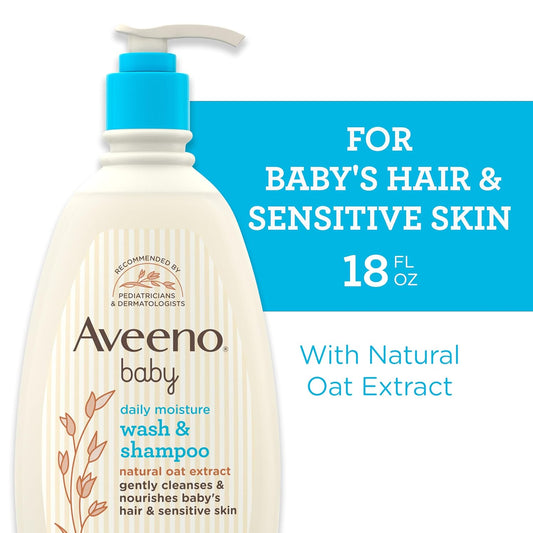 Aveeno Baby Daily Moisture Gentle Body Wash & Shampoo With Oat Extract, 2-In-1 Baby Bath Wash & Hair Shampoo, Tear- & Paraben-Free For Hair & Sensitive Skin, Lightly Scented, 18 Fl. Oz