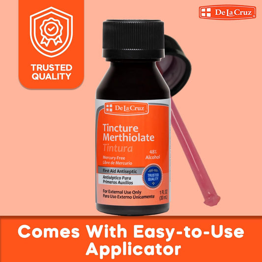 De La Cruz Merthiolate Tincture Antiseptic - First Aid For Minor Cuts, Scrapes And Burns - Mercury-Free Formula Safe For The Entire Family (3 Bottles)