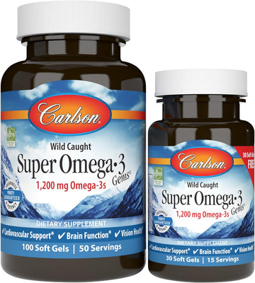 Carlson - Super Omega-3 Gems, 1200 mg Omega-3 Fatty Acids with EPA and DHA, Wild-Caught Norwegian Supplement, Sustainably Sourced Fish Oil Capsules, Omega 3 Supplements, 100+30 Softgels