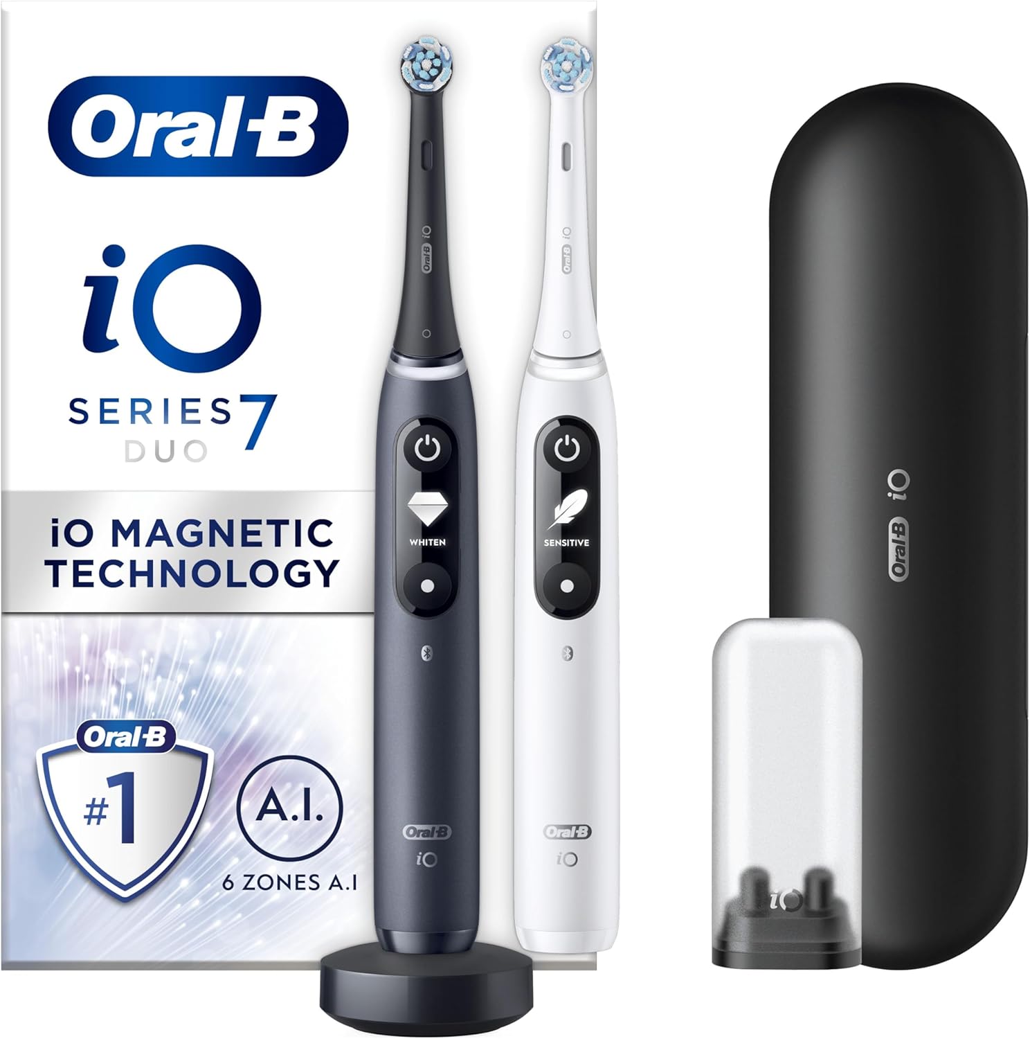 Oral-B Io7 2X Electric Toothbrushes For Adults, App Connected Handles, 2 Ultimate Clean Toothbrush Heads & 1 Travel Toothbrush Set Case, 5 Modes, Black/White