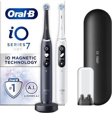 Oral-B Io7 2X Electric Toothbrushes For Adults, App Connected Handles, 2 Ultimate Clean Toothbrush Heads & 1 Travel Toothbrush Set Case, 5 Modes, Black/White