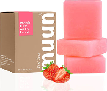 Muun Strawberry Yoni Soap Bar - Pack 3 Ph Balancing Cleanser - Probiotics & Natural Ingredients - Gentle Cleansing Formula Eliminates Odor Vaginal Health - Feminine Wash - Moisturizing Intimate