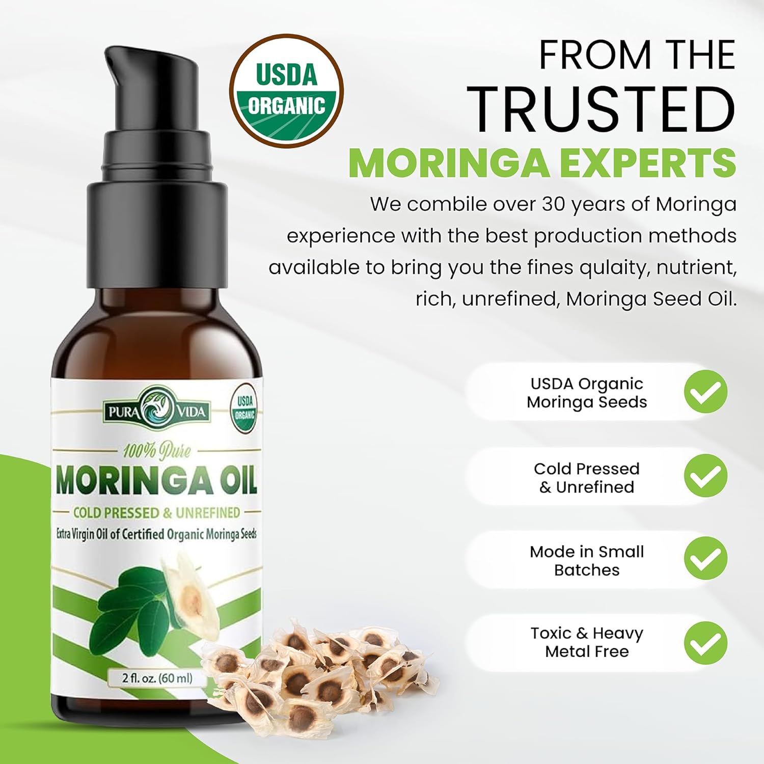 100% Pure Moringa Oil Organic for Face, Hair, Nails and Dry Skin - USDA Certified Single Origin Moringa Oleifera Seeds Extract - 3rd Party Tested, Cold Pressed & Unrefined Organic Moringa Seed Oil : Beauty & Personal Care