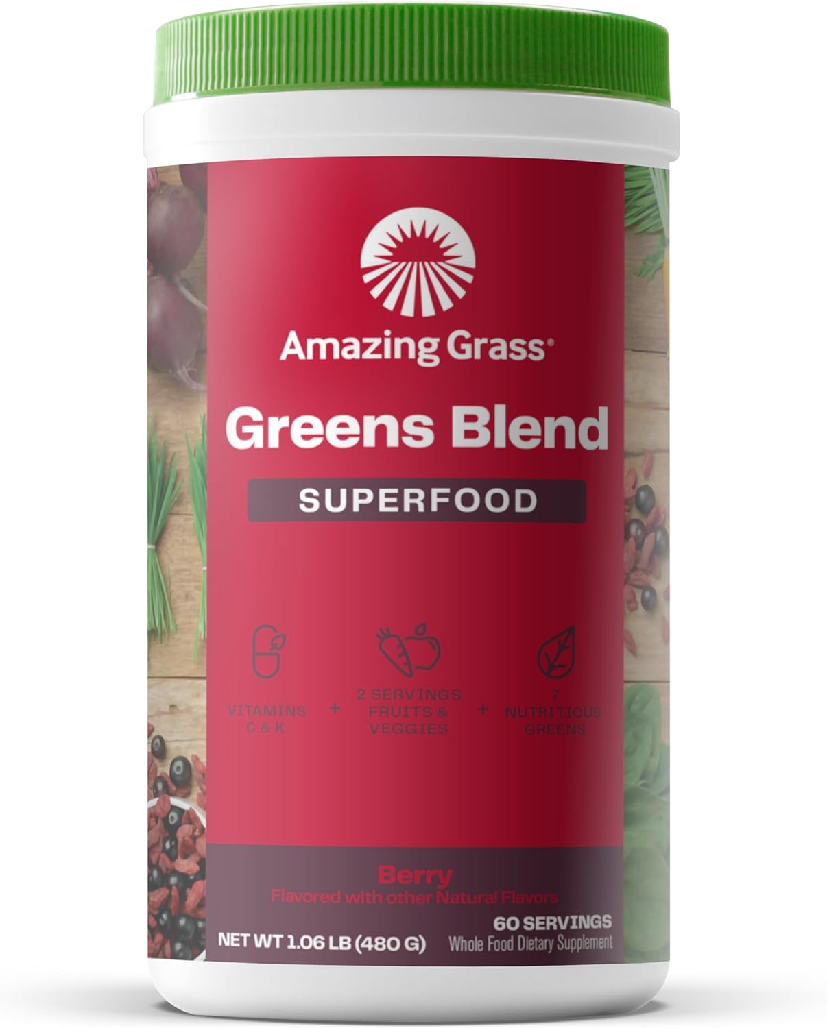 Amazing Grass Greens Superfood Powder: Greens Powder With Digestive Enzymes & Probiotics, Organic Spirulina, Chlorella, And Beet Root Powder, Berry, 60 Servings