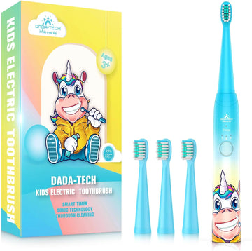 DADA-TECH Kids Electric Toothbrush Rechargeable, Soft Unicorn Tooth Brush with Timer Powered by Sonic Technology for Children Boys and Girls Age 3+, Waterproof for Shower and 3 Modes (Blue)