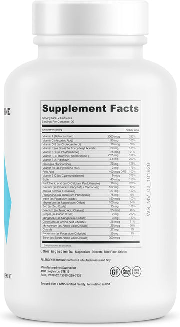 Swolverine Multivitamin | Enhanced Vitamins & Minerals Capsule, Magnesium, Zinc, Chromium, Iron, Calcium, Biotin, (30 Servings)