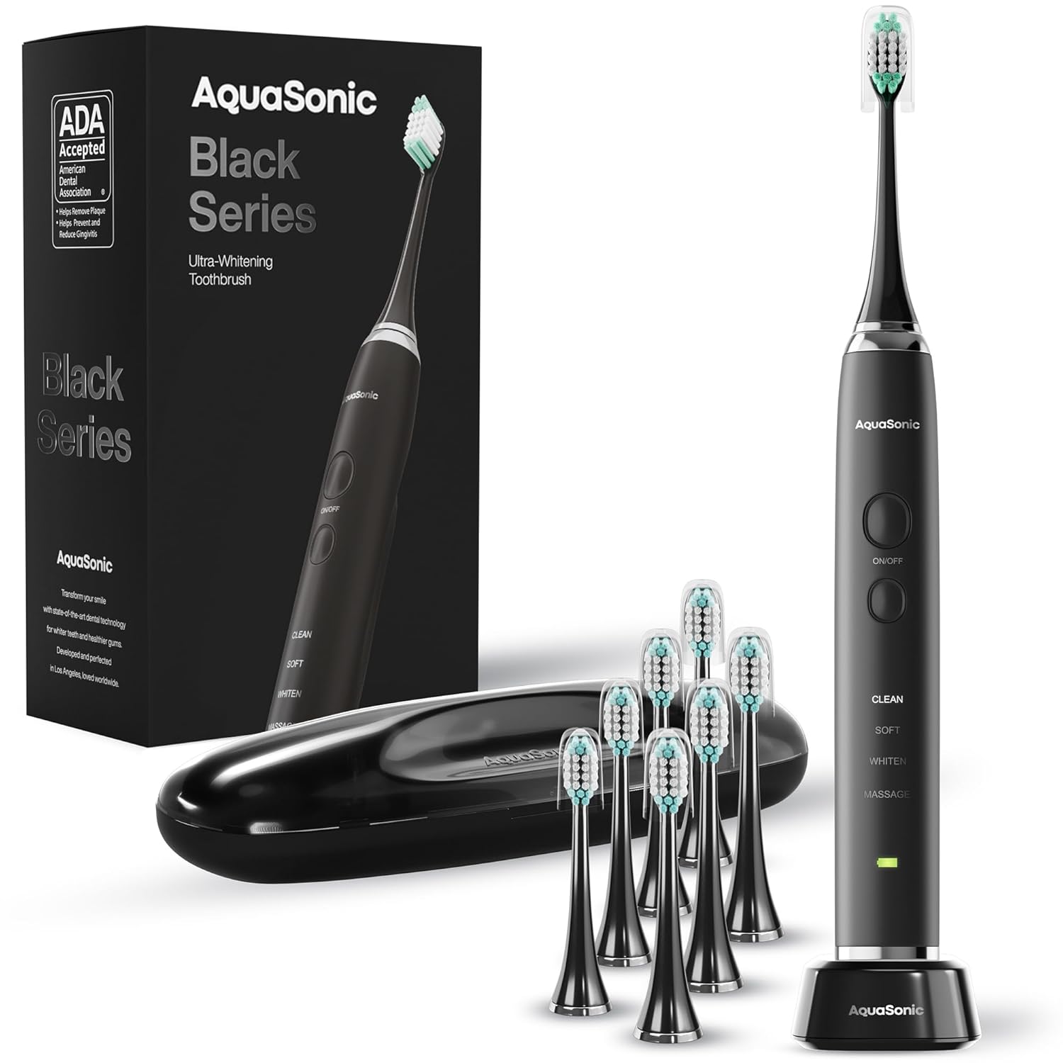 Aquasonic Black Series Ultra Whitening Toothbrush – Ada Accepted Electric Toothbrush- 8 Brush Heads & Travel Case – 40,000 Vpm Electric Motor & Wireless Charging - 4 Modes W Smart Timer