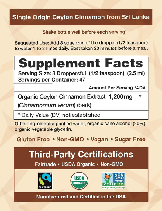 CinnaGold™ Organic Ceylon Cinnamon (100% Certified) Supplement, High-Potency Liquid Extract, 4 oz. – Super Antioxidant