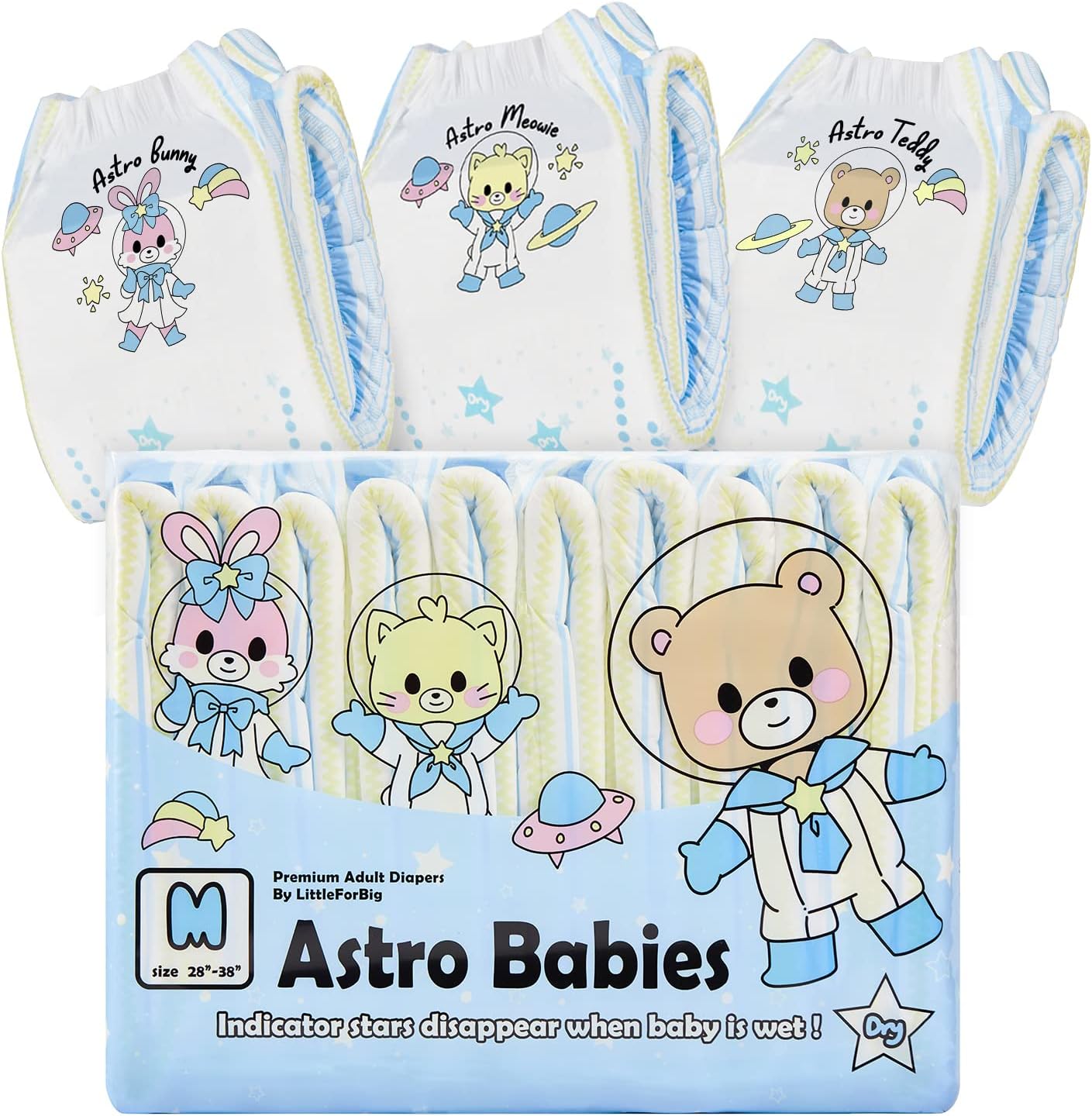 Littleforbig Printed Adult Brief Diapers 10 Pieces - Astro Babies (Medium 28"-38")